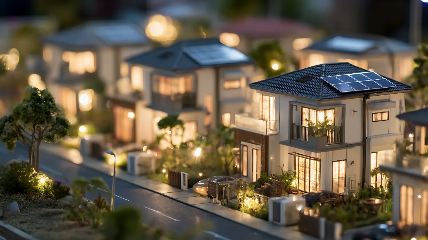 Energy consulting - energy procurement management - miniature neighborhood with smart electricity meters and personalized suggestions for energy consumption.
