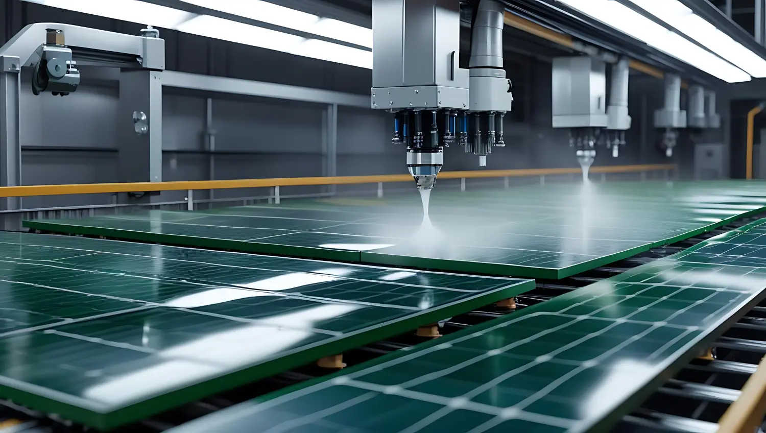 Energieberatung - Energieeinkaufsmanagement - Ein automatisierter Roboterarm besprüht Solarpaneele während des Herstellungsprozesses präzise mit Flüssigkeit.