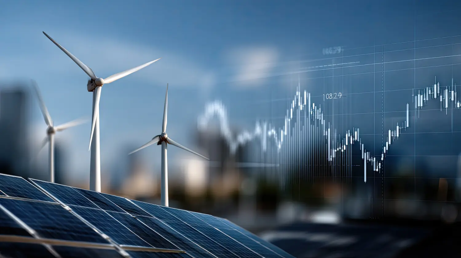 Energieberatung - Energieeinkaufsmanagement - Innovatives Energiemanagement kombiniert Solaranlagen und Windkraftanlagen mit Börsentrends vor der Kulisse eines wunderschönen Sonnenuntergangs.