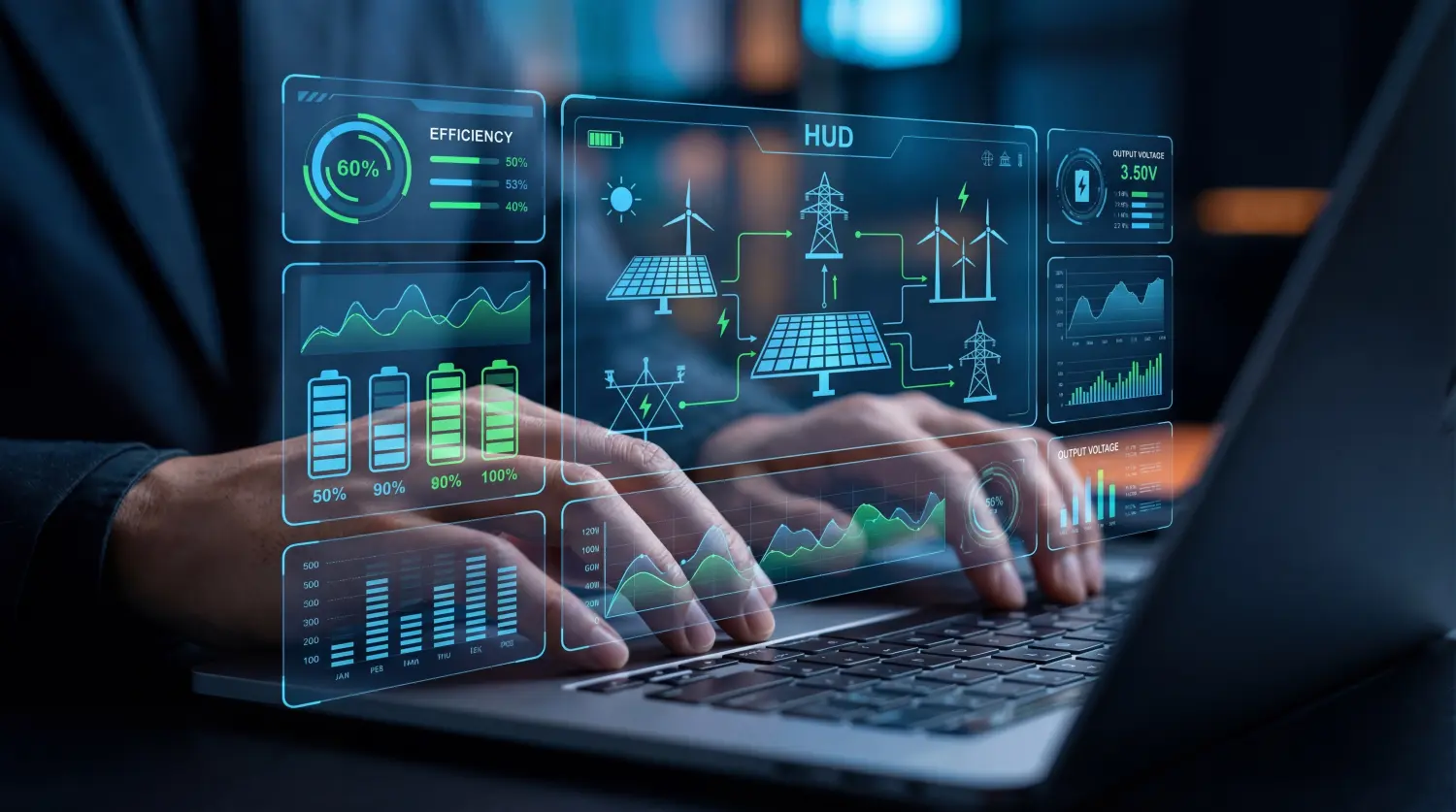 Energieberatung - Energieeinkaufsmanagement - Hände tippen auf einem Laptop mit holografischen Dashboards, die Energiedaten und Visualisierungen erneuerbarer Energien anzeigen.
